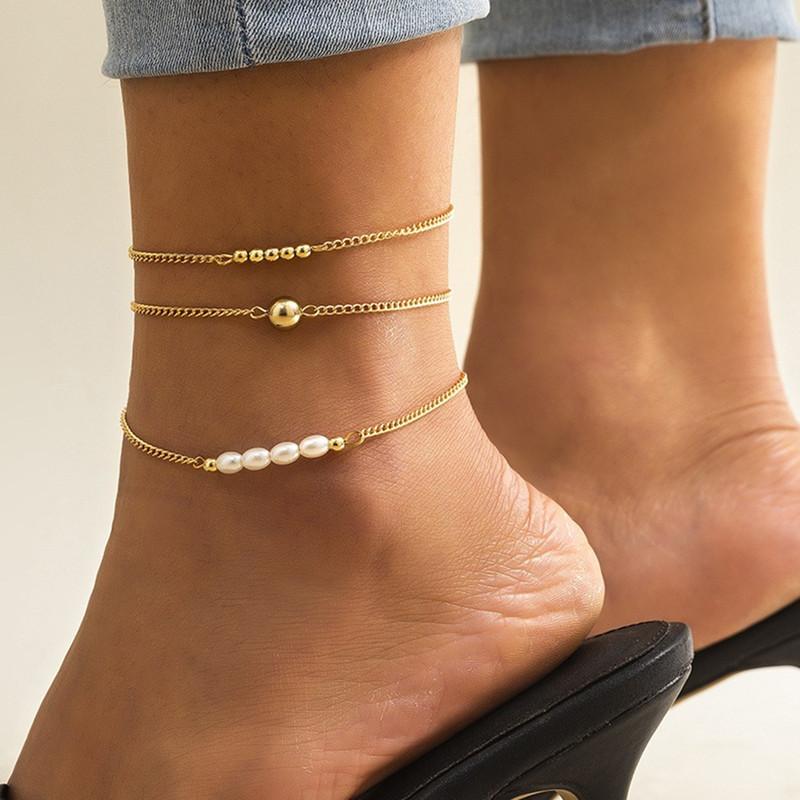 Bohemian metal beach beaded accessories women, simple multi-layer imitation pearl anklet