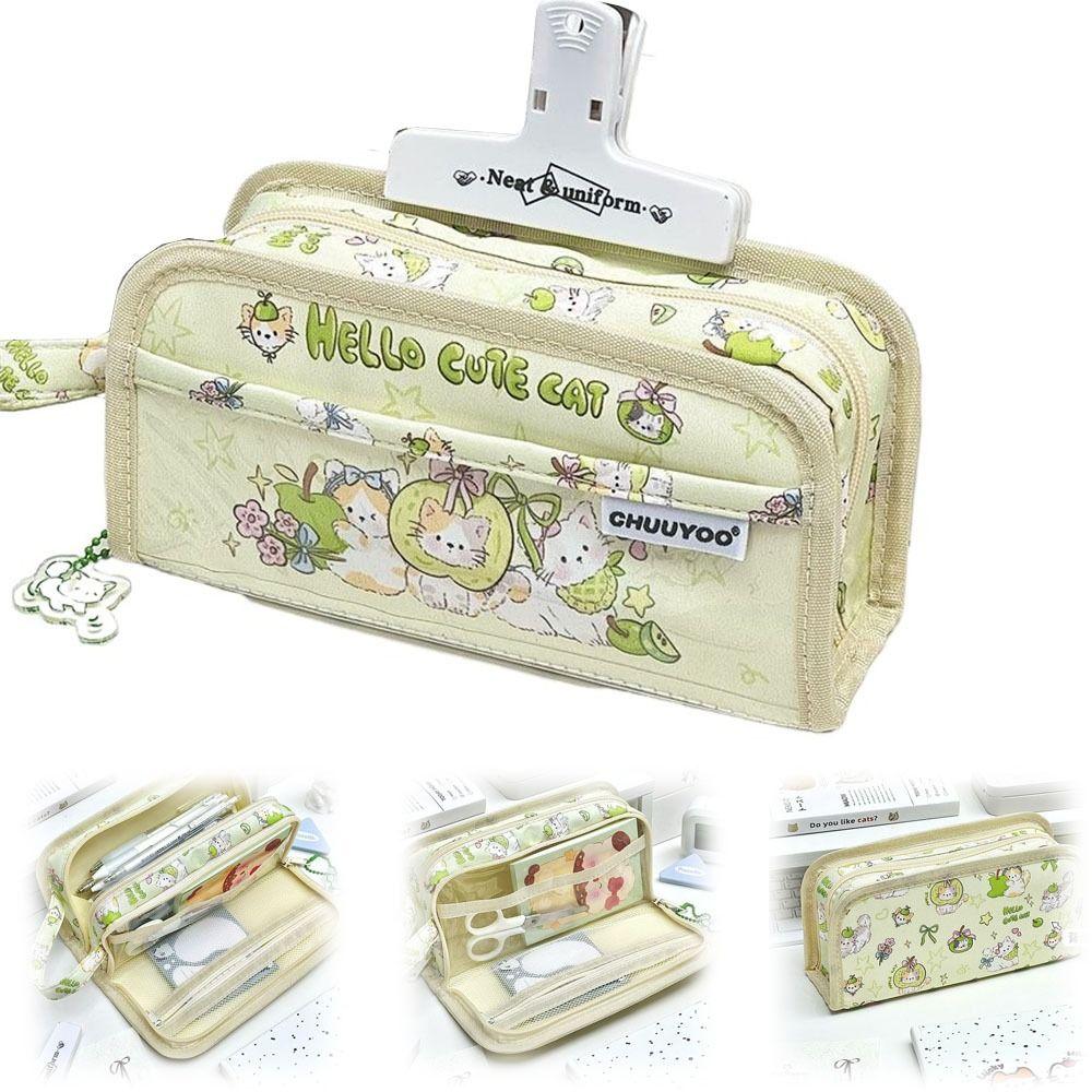 Cartoon Cute Kitten Pencil Case Multilayer PVC Large Capacity Stationery Bag Dirty-proof Stationery Storage Bags Student