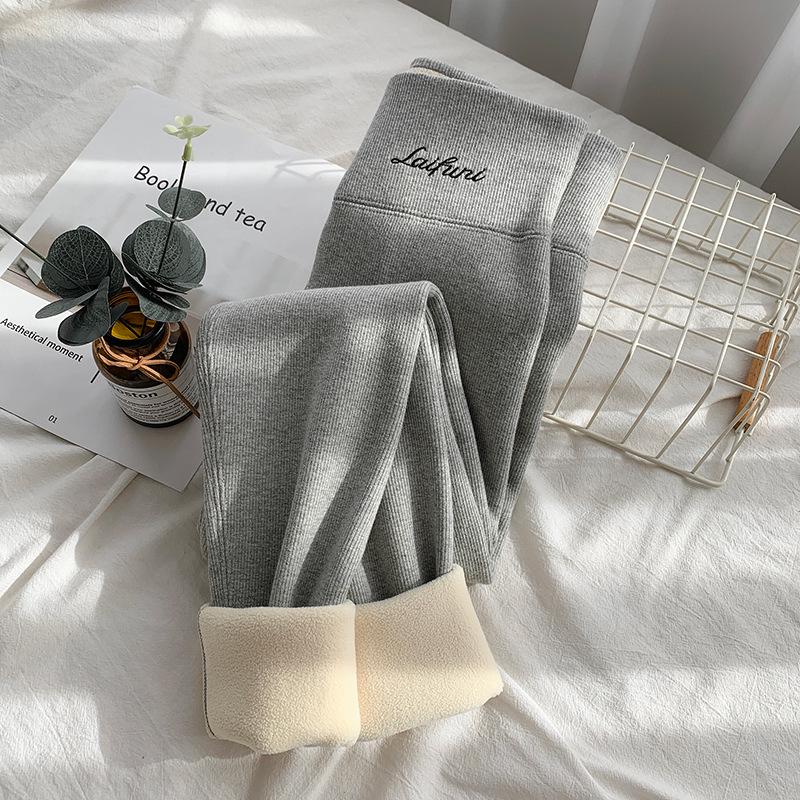 Leggings de damă cu talie înaltă, super groase, din lână de miel gri, cu căptușeală plusată de catifea pentru toamnă și iarnă