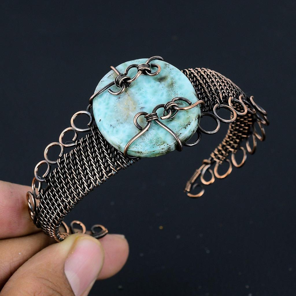 Larimar Bangle, Handmade Gemstone Bangle, 999 Copper Wire Wrapped Antique Jewelry, Gift For Love