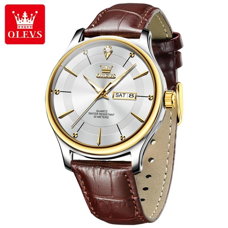 OLEVS Brand Fashion Quartz Watch Men Leather Strap Waterproof Luminous Week Date Business Mens Watches