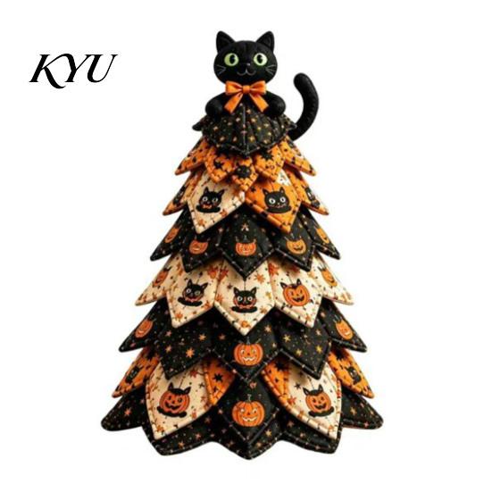 Handmade Keepsake Decor Halloween Quilted Fabric Tree Kit, Witch Cat Spider DIY Padded Craft 3D Sewing Project for Quilting Beginners, Table