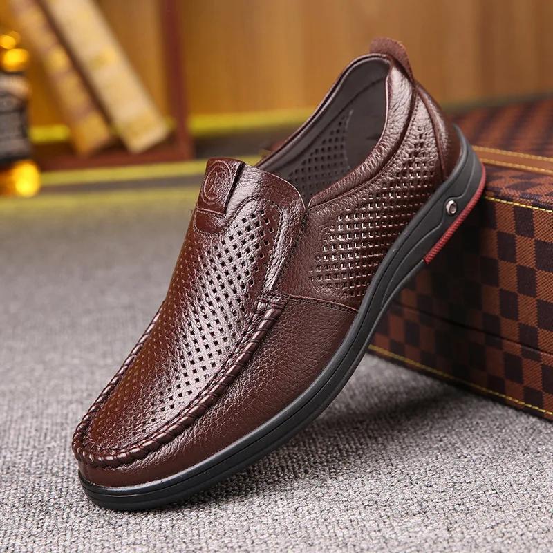 Fashion Men Large Size Hollow Soft Leather Sandals Hollow Breathable Casual Men Shoes Trendy Slip On Dad Leather Shoes for Men
