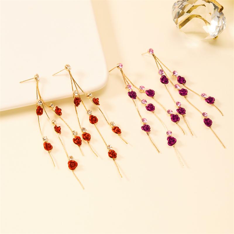 Temperamental Woman 2025 Trendy Multicolour Rose Flower Earrings Alloy Rhinestone Long Tassel Elegant Eardrop Party Jewelry Gift