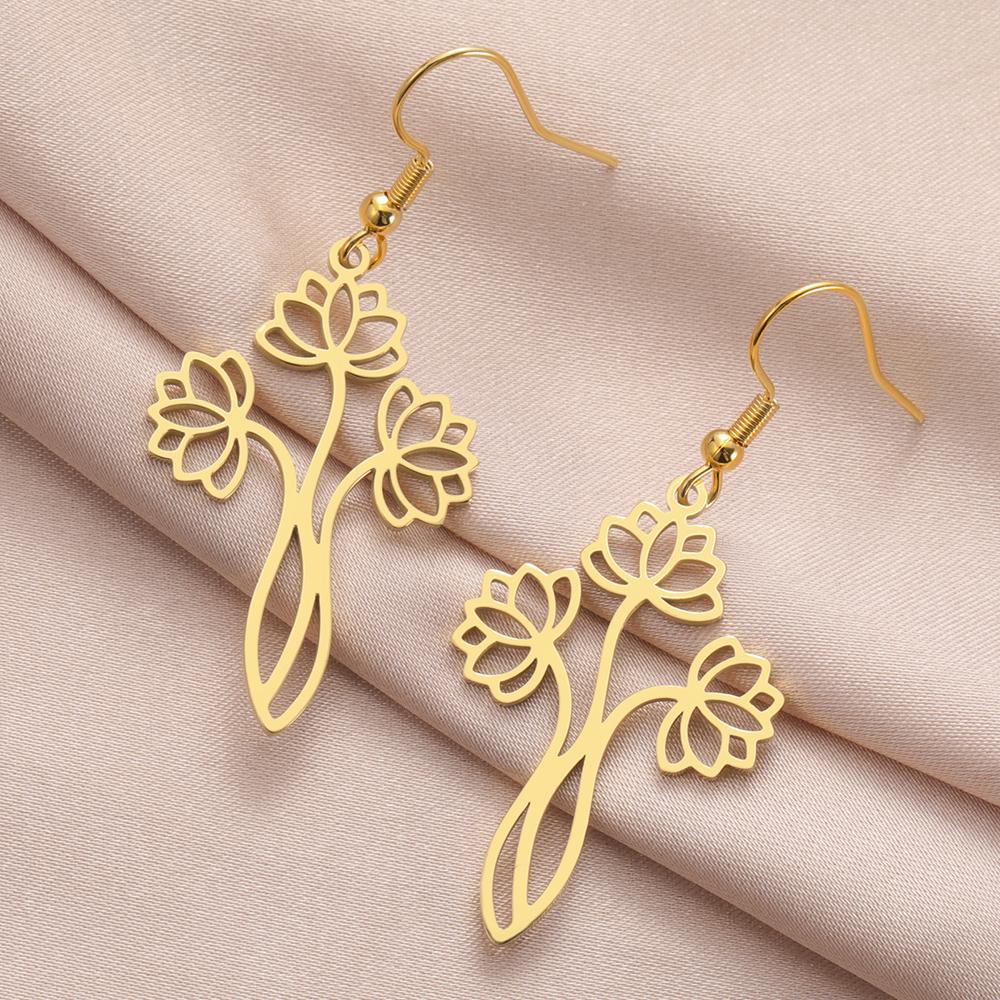 Dawapara Lotus Flower Dangle Earrings for Women Stainless Steel Round Flower Charm Yoga Jewelry Buddhist Spiritual Amulet