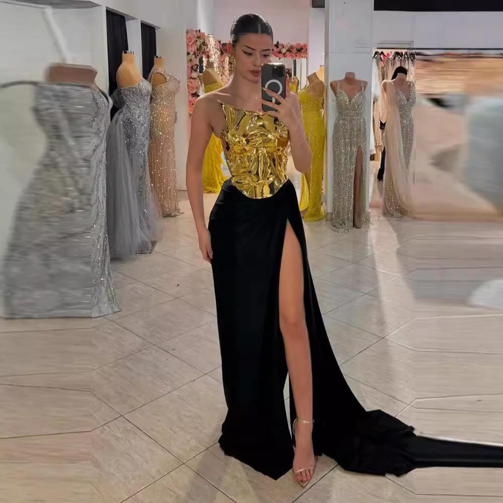 European-American One-Shoulder Black Leather Two-Piece Dress with Slit - Sexy Lace-Up Backless Evening Gown