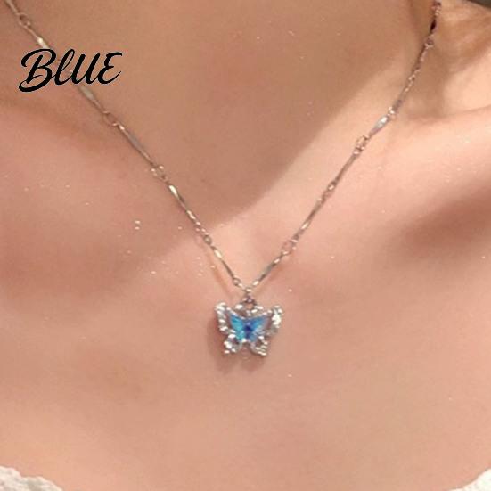 Lightweight Butterfly Jewelry Blue Necklace Women Rhinestone Choker Pendant Versatile
