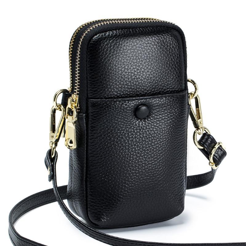 

New soft cowhide mobile phone bag women s vertical messenger bag genuine leather fashion Korean version double zipper shoulder bag large capacity чёрный