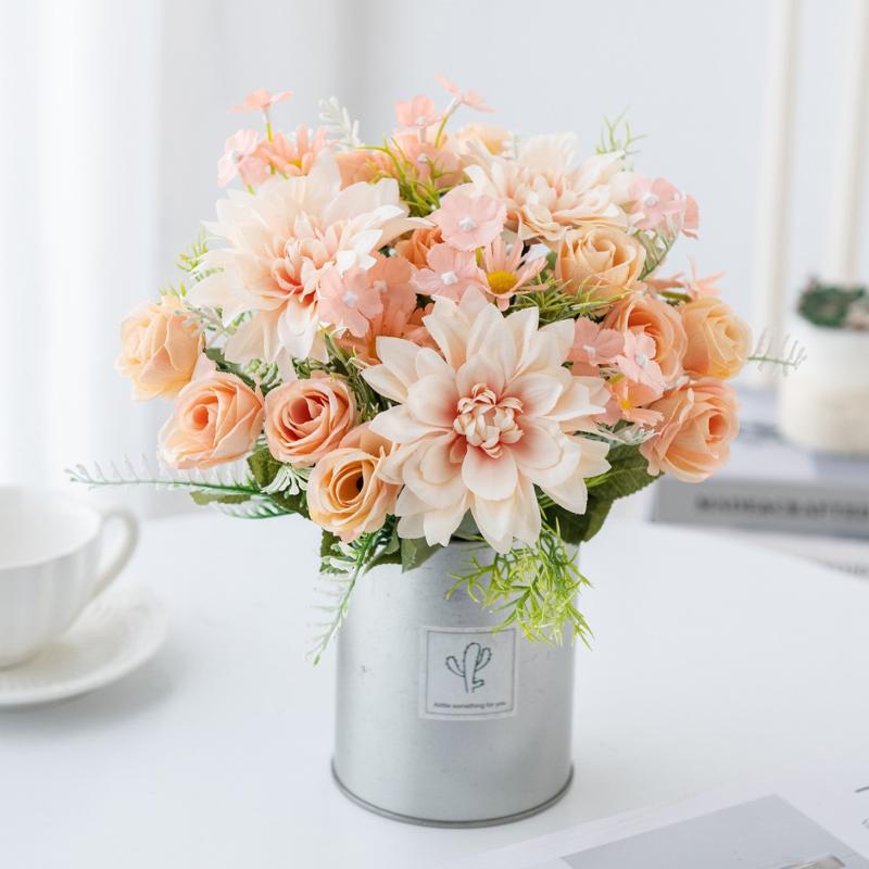 1Pc Artificial Flowers Wedding Home Bedroom Decoration Bridal Bouquet Garden Fake Silk Roses Hydrangeas Vase For Board Outdoors