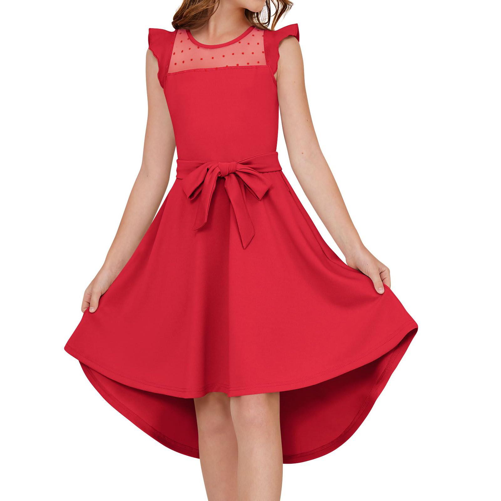 

Girls Fashion Pleated Sleeve Mesh Casual Party Dress Belt With Pockets Color Dresses 120 червоний