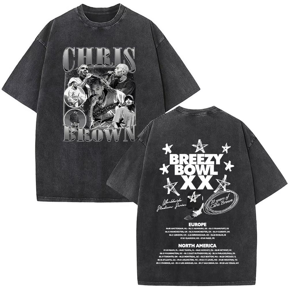 T-shirt Chris Brown Breezy Breezy Bowl XX Tour T-shirt Lavate Vintage Moda Uomo Hip Hop Manica Corta Streetwear