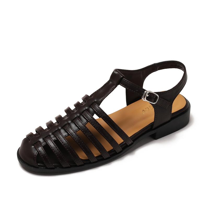 Women's Sandals Summer Baotou Square Head Retro Sandals Women's Summer New Fashion Thick Heel Outer Wear Woven Roman Sandals