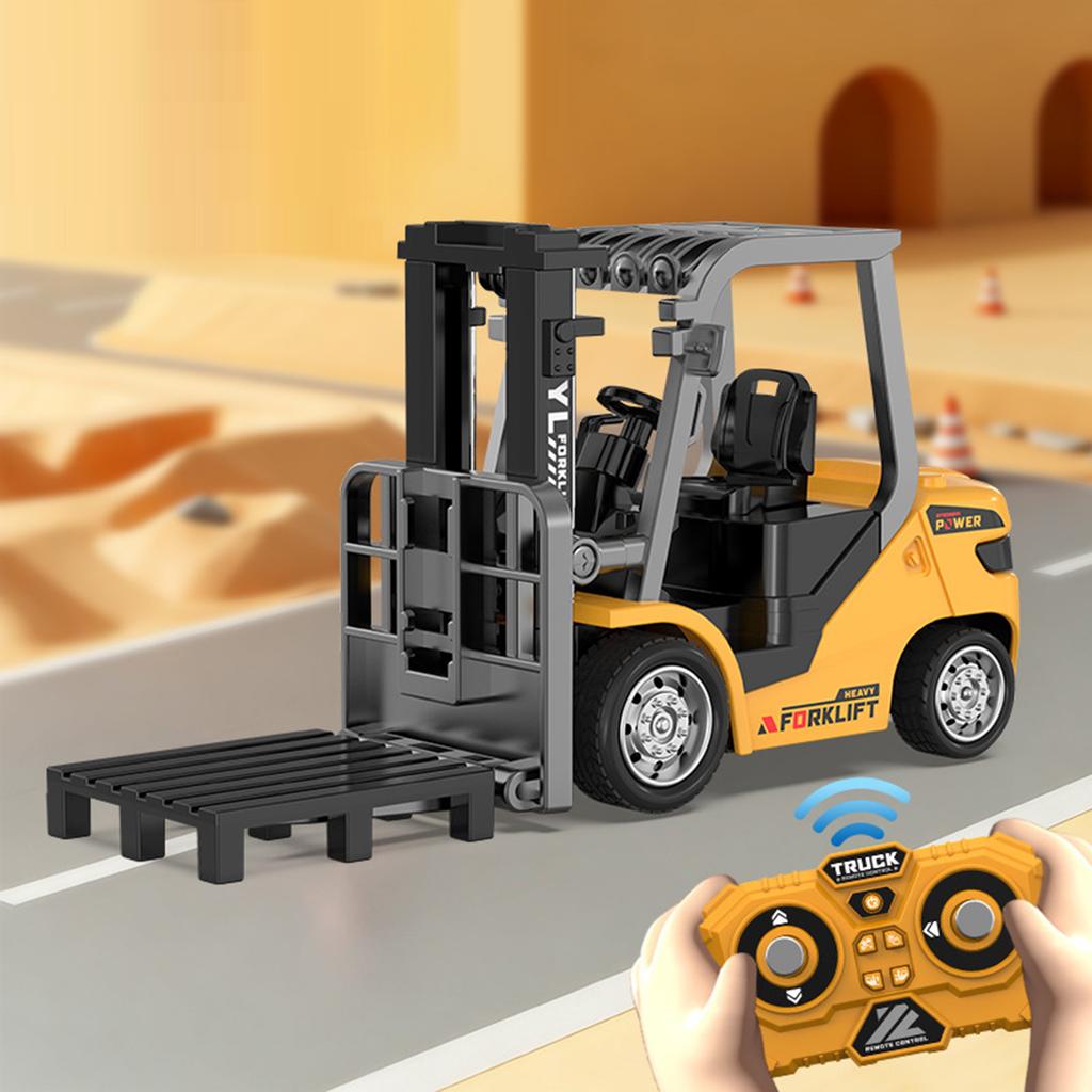 1/64 RC Forklift Toy Rechargeable Remote Controlled Alloy Forklift Toy Car Model 2 in 1 Transformable Lift Fork & Hook for Kids