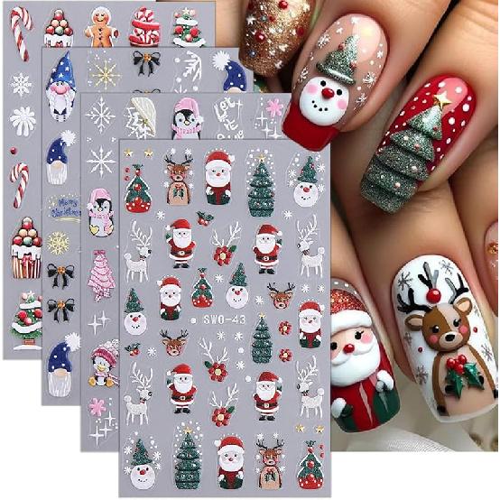 4 Sheets Christmas Nail Stickers for Nail Art 3D Self-Adhesive White Snowflake Nail Art Stickers Winter Xmas Tree Elk Design French Tip Nail Decals