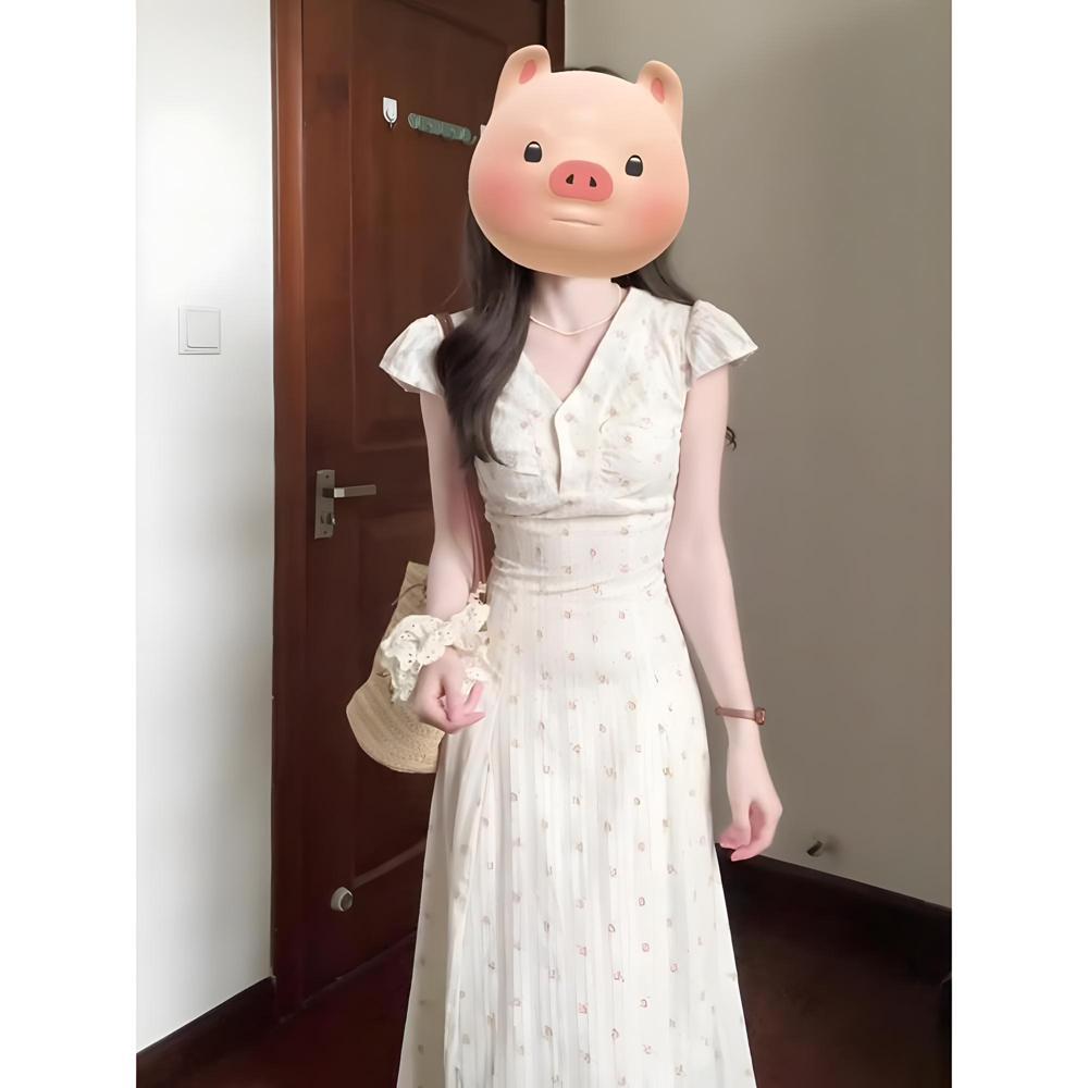 V-neck Floral Dress Women's Summer New Temperament Vacation Style Waist Thin a Word Long Skirt