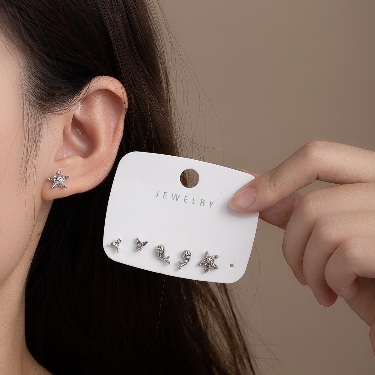 Starfish Diamond Fish Tail Simple Stud Earrings Sweet Lady Design Earrings Temperament Six-Piece Earrings