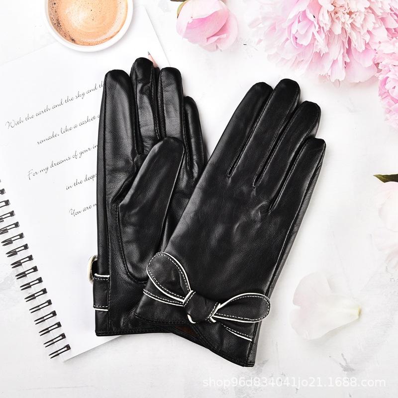 Leather gloves women's autumn and winter velvet thickened warm windproof waterproof cold riding driving sheepskin gloves