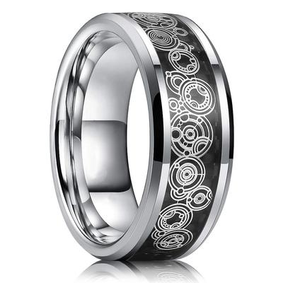 Mode 8mm Schwarz Wolfram Hochzeit Ringe Für Männer Einzigartige Muster Inlay Schwarz Carbon Faser Edelstahl Ring Männer Hochzeit band