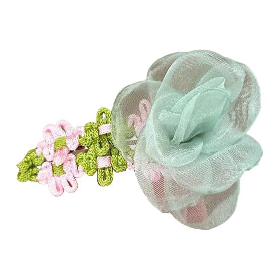 Organza Flower Hair Clip with Hand-Crocheted Petals Leaves Sweet Style Bang Hair зелёный
