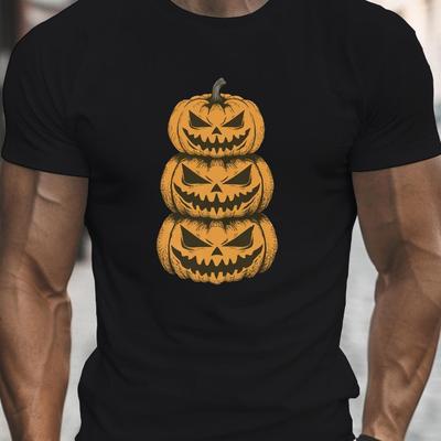 Heren Zwart Halloween T-shirt met Verticale Pompoenprint Lichtgewicht Korte Mouw Ronde Hals Casual Top