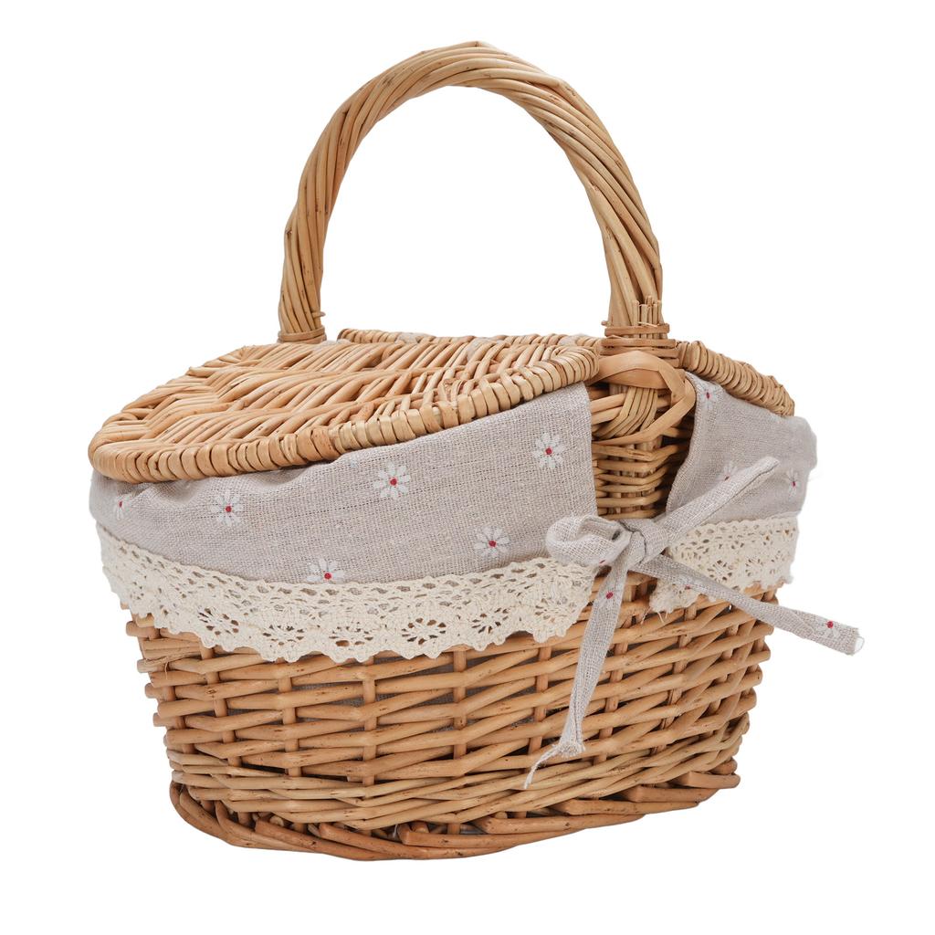 Vocante Picnic Basket with Removable Liner, Empty Picnic Baskets with Lid, Vintage Picnic Basket with Foldable Fabric Handle for Outdoor Picnic Campin