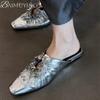 Fashion Women Mules Shoes Bling Flats Square Toe Slippers Elegant New 2025 Summer Sandals Dress Party Luxury Woman Slingback Shoes Mujer