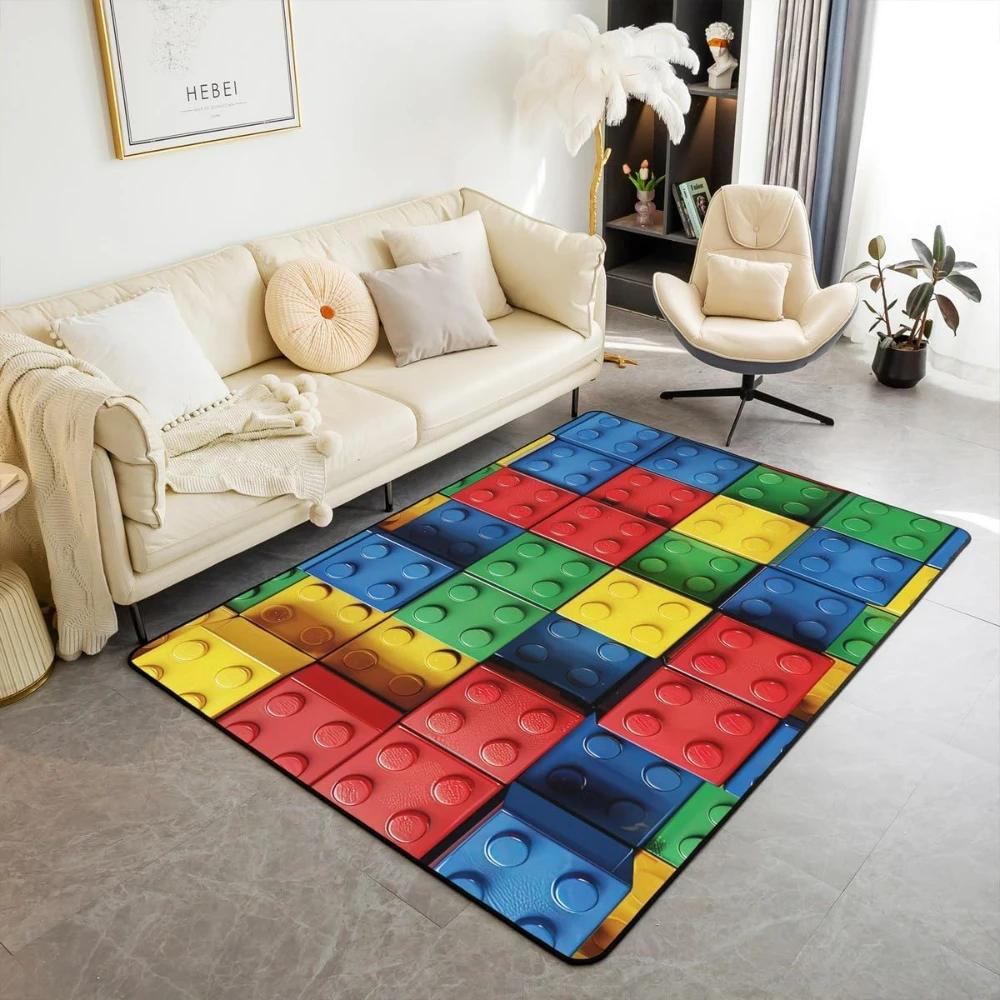 Rainbow Building Blocks Inspired Carpets for Living Room Decor Construction Carpet for Boys Girls Bedroom Washable Entrance Rug