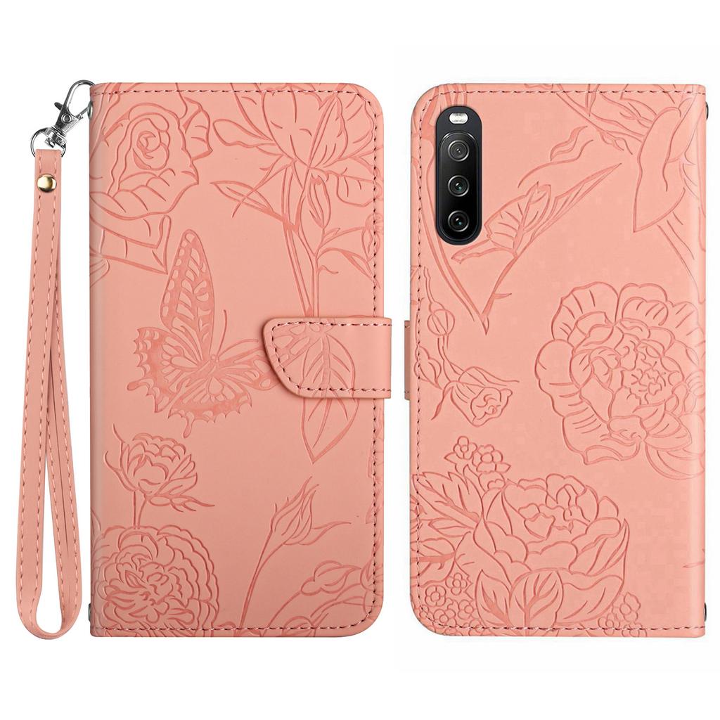 HT03 For Sony Xperia 10 VI Leather Case Butterfly Flower Wallet Phone Cover with Wrist Strap