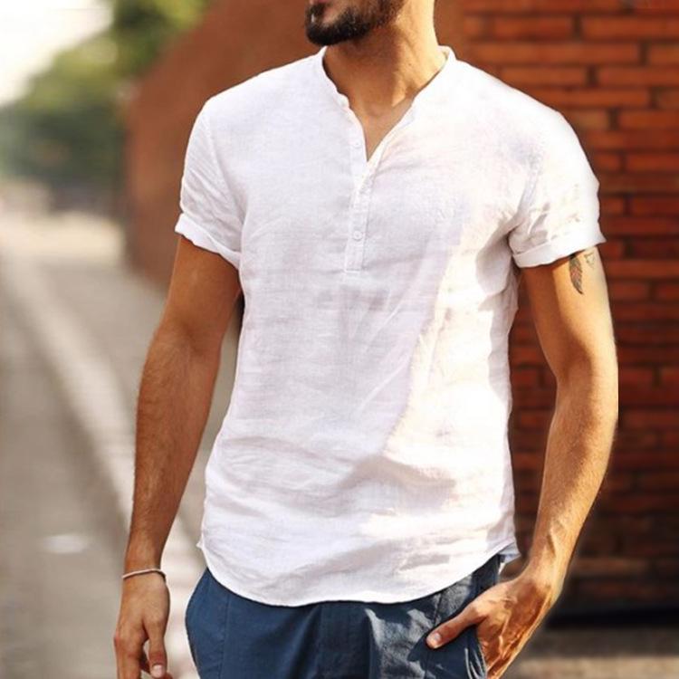 Men's Stand Collar Solid Color Loose Short Sleeved Shirt