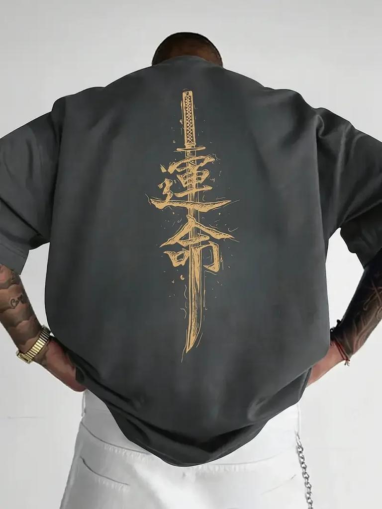 A Mens Short Sleeved Tshirt Made of Pure Cotton with A Japanese Samurai Sword Pattern Printed on It Regular Style Fashionabl