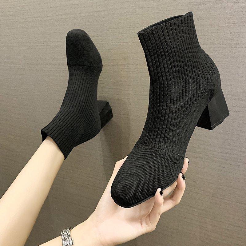 Women's Fall New Block Heel Booties Square Toe Knit Stretch Non-Slip Sock Boots