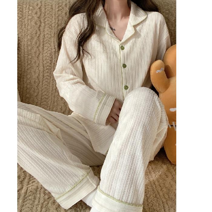 Effen Kleur Casual Pyjama Sets Dames Enkelrijig Japanse Stijl Reverskraag Nachtkleding Lente Herfst Elastische Taille Huiskleding L