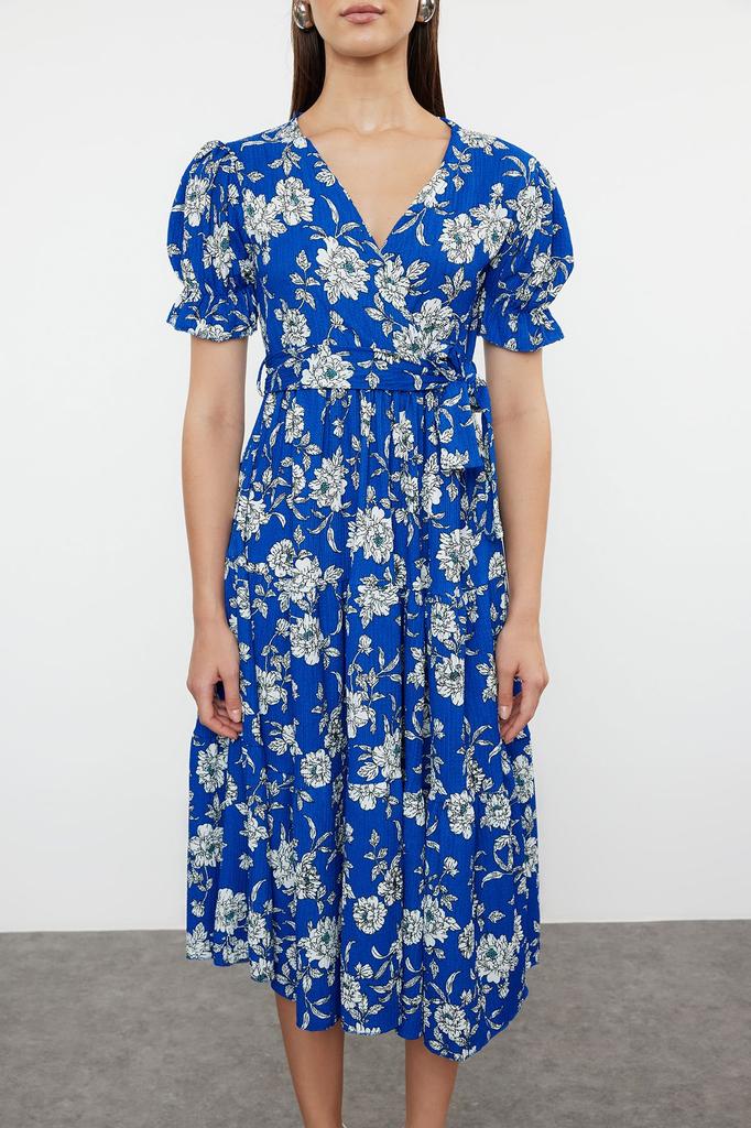 Women's Style Dress Oil Green Printed Belted Double Breasted Skirt Ruffle Knitted Dress