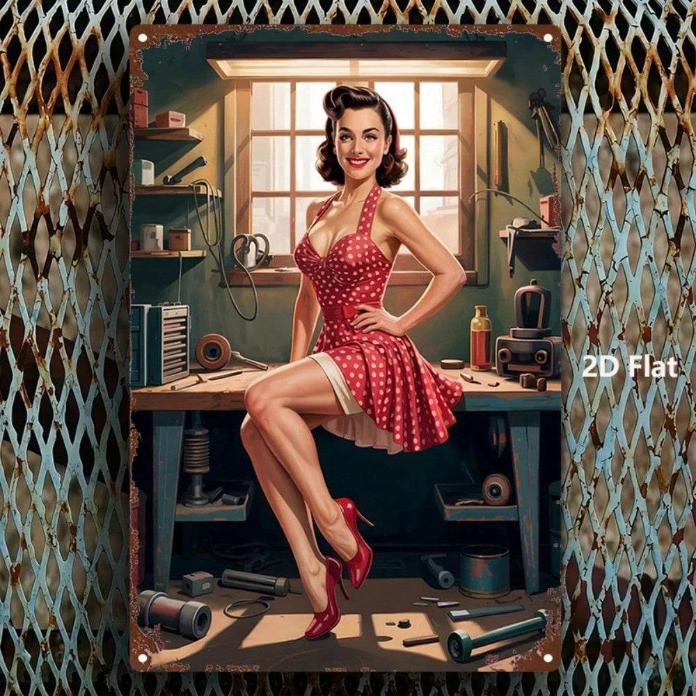 Vintage Retro Pin Up Girl Metal Tin Sign 8x12 Inch Funny Wall Art Man Cave Decor