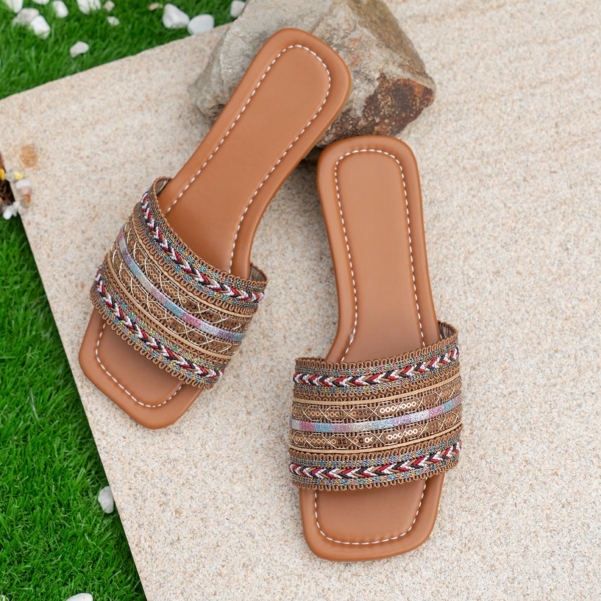 

модные летние женские тапочки с квадратным носком и открытым носком, женская обувь, сандалии на низком каблуке, уличные противоскользящие шлепанцы, повседневная обувь 36 коричневый