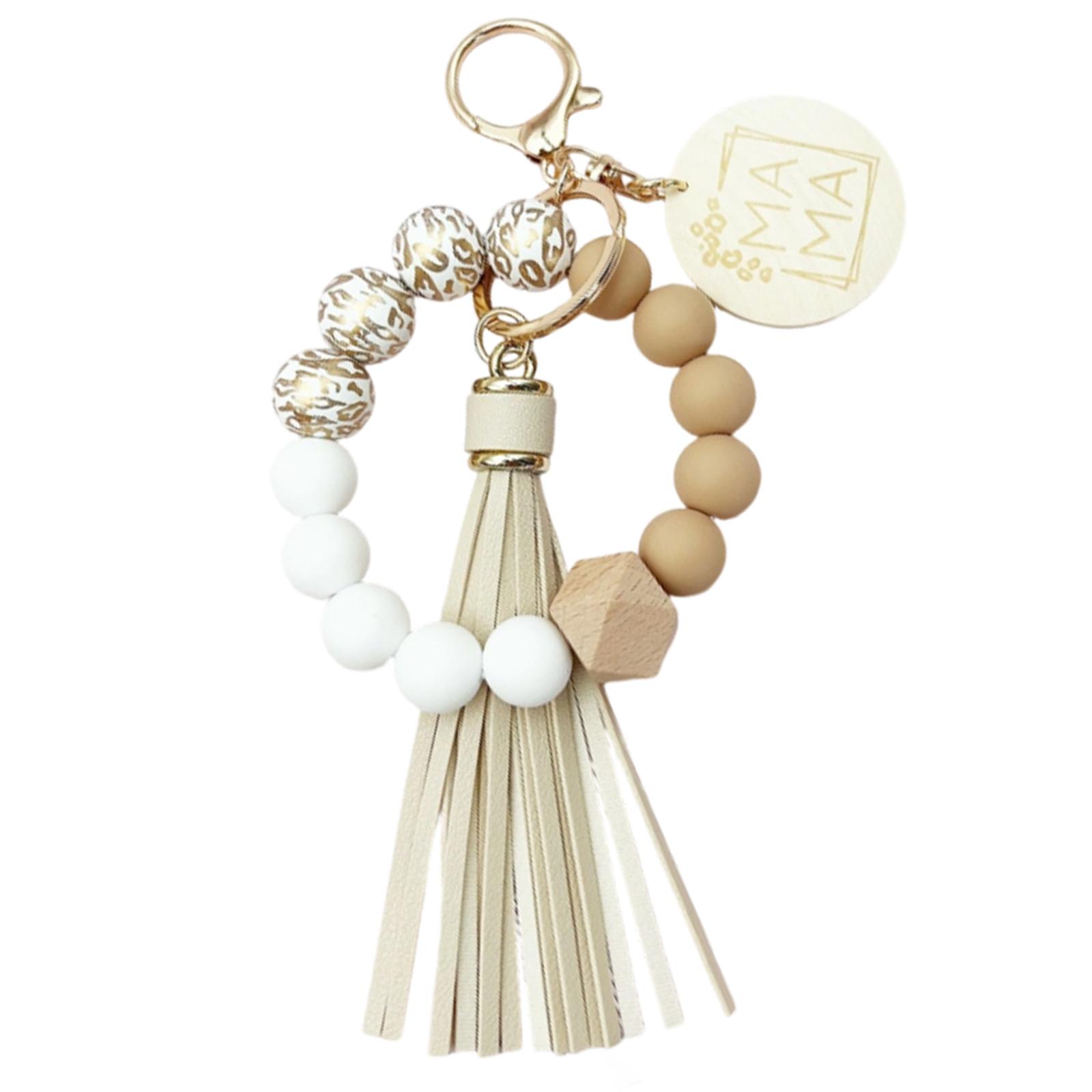 Personalized Silicone Bead Bracelet With Tassels, Wood Beads, Wrist Keychain, Bag Charm One Size
