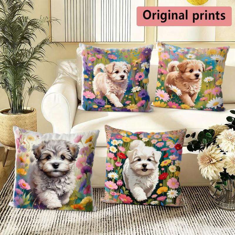 Floral Puppy Print Throw Pillow Covers Pattern Cushion Cover Suitable For Sofa Bedroom Car Pillow Cover