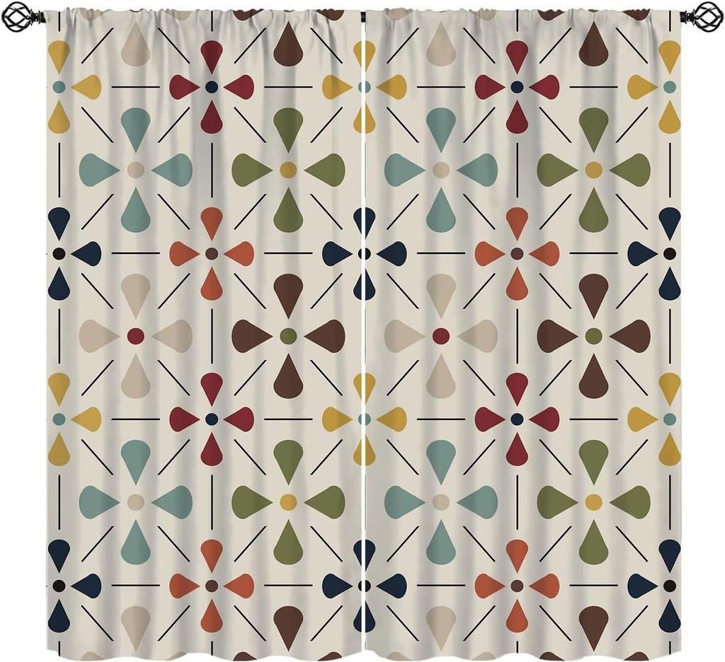 Mid-Century Vorhang, Gelb Vintage Abstrakt Boho Fensterdekoration Moderne Geometrische Kreise Kreisförmig Klassisch Retro 50er Jahre Bauernhaus