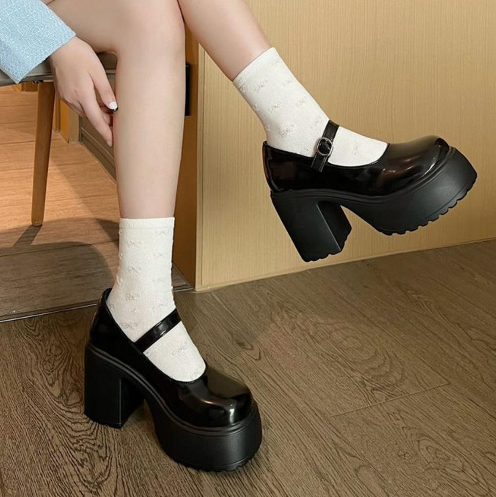 Klobige Plateau-High Heels Pumps Damen Frühling 2025 PU-Leder Knöchelriemen Mary Jane Schuhe Frau Dicke Ferse Weiß Lolita Schuh