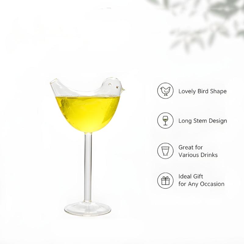 Decorative Bird Wine Glass, Clear Stemmed Goblet with Wide Bowl and Long Stem for Juice Service, Home Dining, and Table Presentation