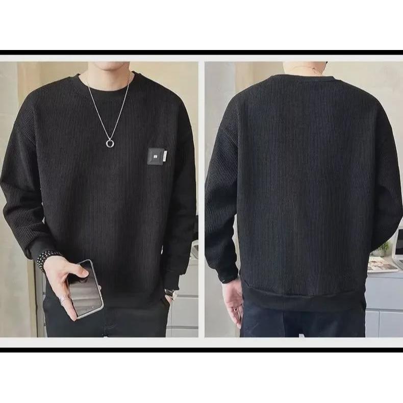 Men's Textured Solid Color Loose Round Neck Sweatshirt - Spring & Autumn Casual Style