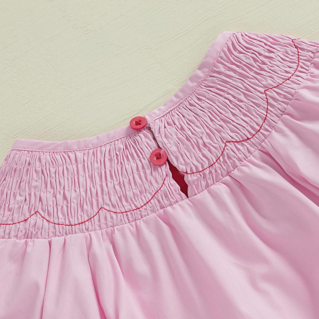 Toddler Baby Girl Smocked Romper Bow Embroidery Round Neck Long Sleeve Bubble Jumpsuit 