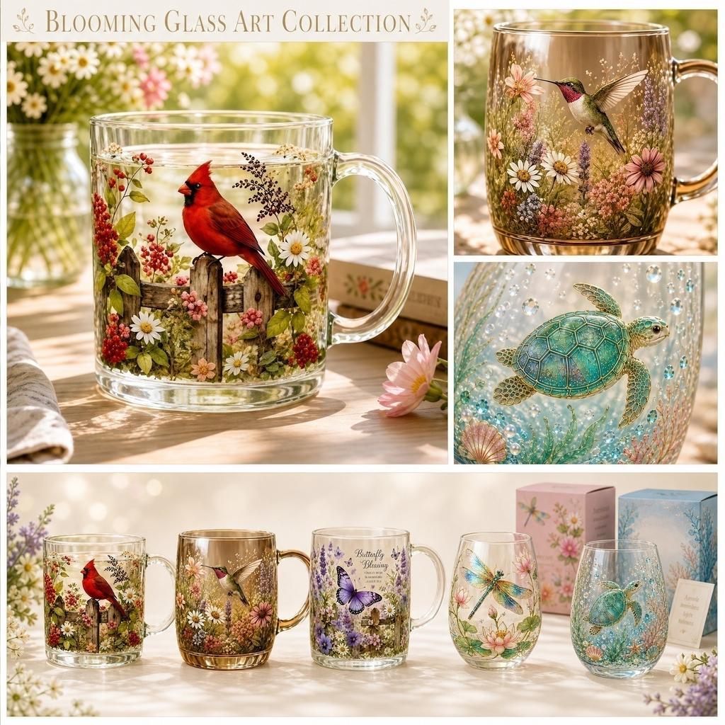 Glass Mug with Floral and Hummingbird Design Handcrafted Glassware Suitable for Hot and Cold Beverages Durable and Clear Glass Cup with Handle
