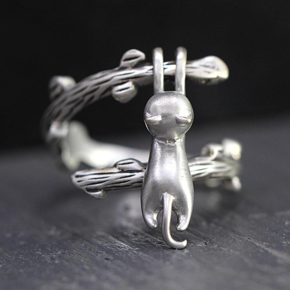 Open Ring Cute Cat Climbing Branch 925 Silver Adjustable Creative Kitty Ring adjustable