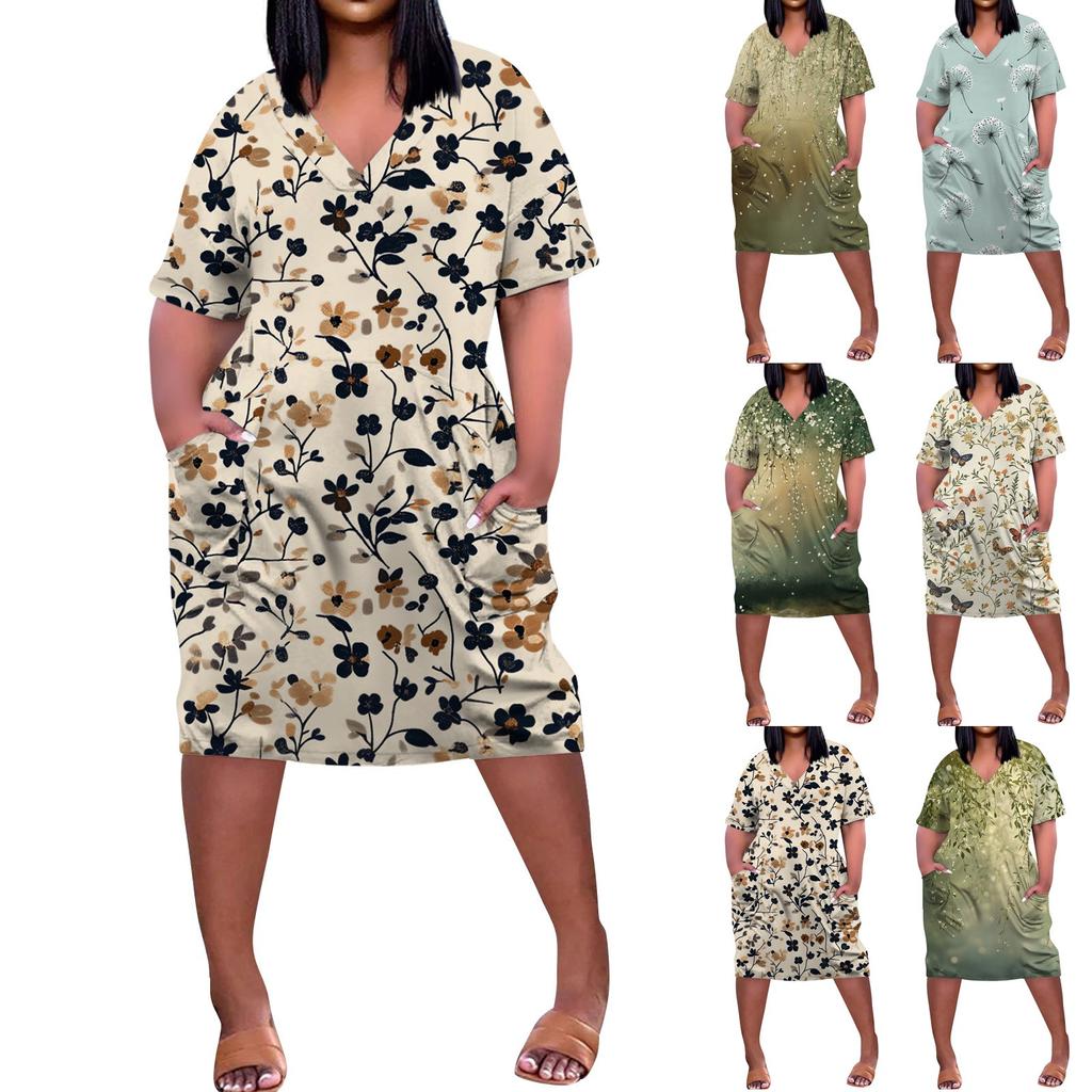 Summer Plus Size V Neck Short Sleeve Knee Pocket Print Casual Dress For Women