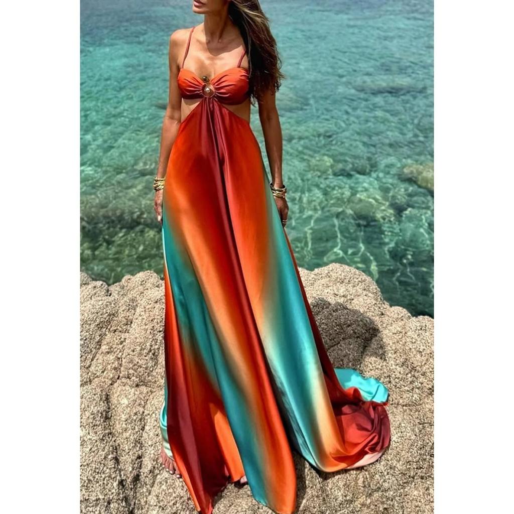 Sexy Gradient Sling Strand Langes Kleid Frauen Vintage Ärmelloses Schnüren Aushöhlen Rohr Kleider Weibliche Chic Street Party Urlaub