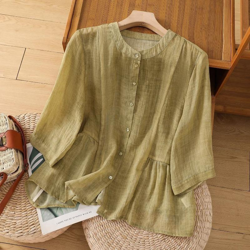 Literary Retro Large Size Solid Color Cotton and Linen Half-sleeved Shirt Women's New Summer Loose Temperament Casual Top