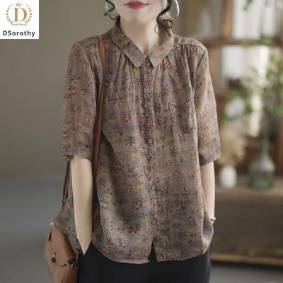 קיץ חולצות וחולצות נשים אופנה חולצה רופפת שלושת רבעי דש כיסי פולו כפתור הדפסה בגדי נשים אלגנטיים