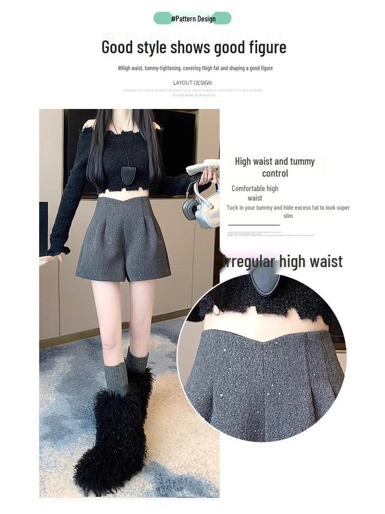 2024 Wool High-Waisted Wide-Leg Shorts for Women - Autumn/Winter Sequin Casual Pants with Boots