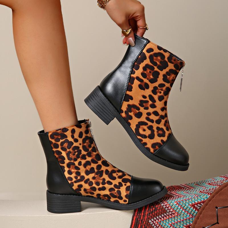 

2025 New Leopard Suede Colorblock Front Zip Anti-Slip Wear-Resistant Block Heel Single Boots Women s Fashion Short Boots 35 коричневый